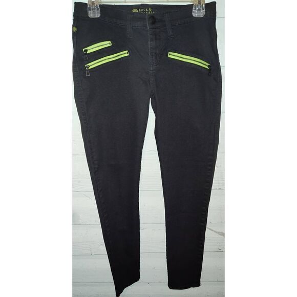 Rock & Republic BANSHEE Skinny Coated Black Neon Green Zippers Jeans 6M - Picture 1 of 8